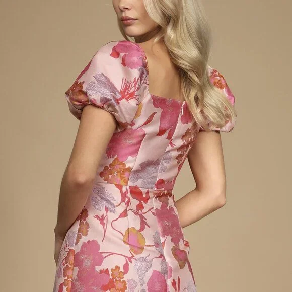 NWT Lulus So Stunning Orange Multi Floral Jacquard Puff Sleeve Mini Dress - Picture 2 of 12